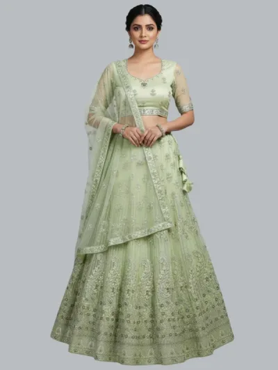 Unstitched Parrot Green Net Partywear Lehenga Choli Set